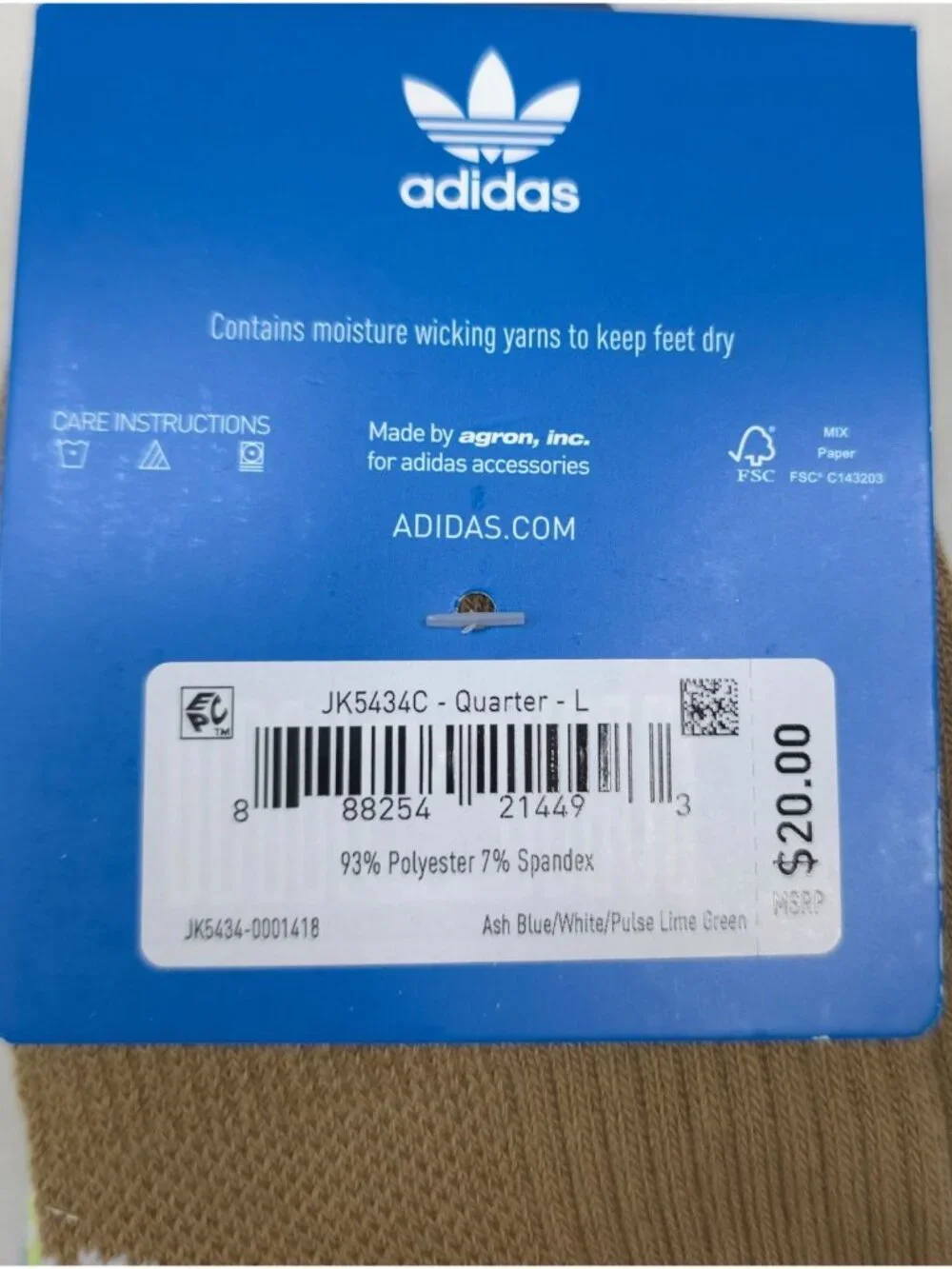 Adidas 6-Pair Quarter Socks Large Womens 10-13 Mens 8-12 Blue White Green Brown